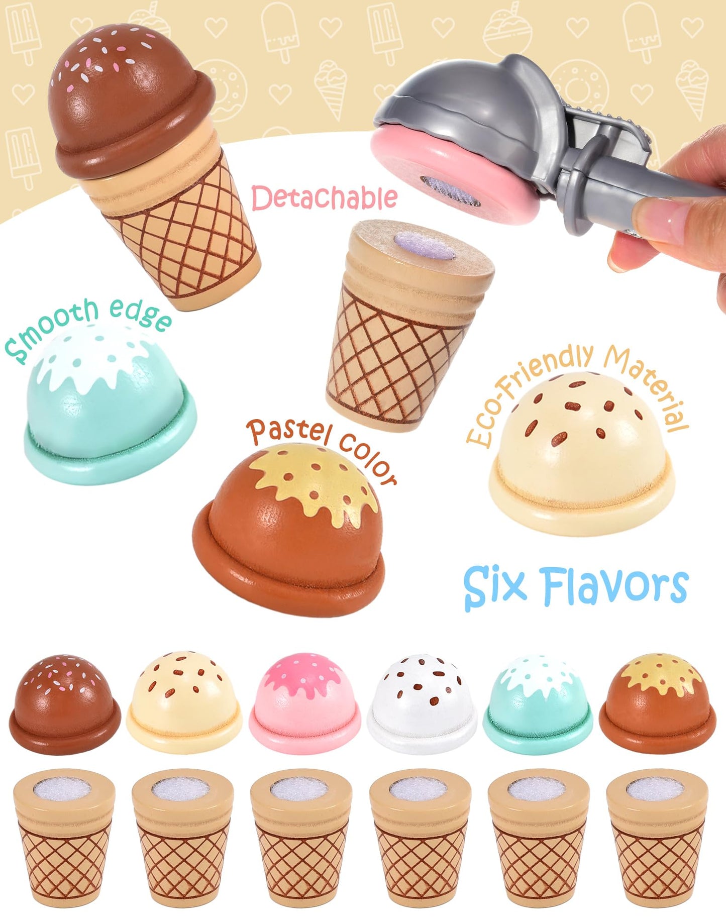 Toyssa Wooden Ice Cream Toys Kids Pretend Play Store Toys for Toddlers Girls 3 4 5 6, Wooden Food Christmas Birthday Gifts Play