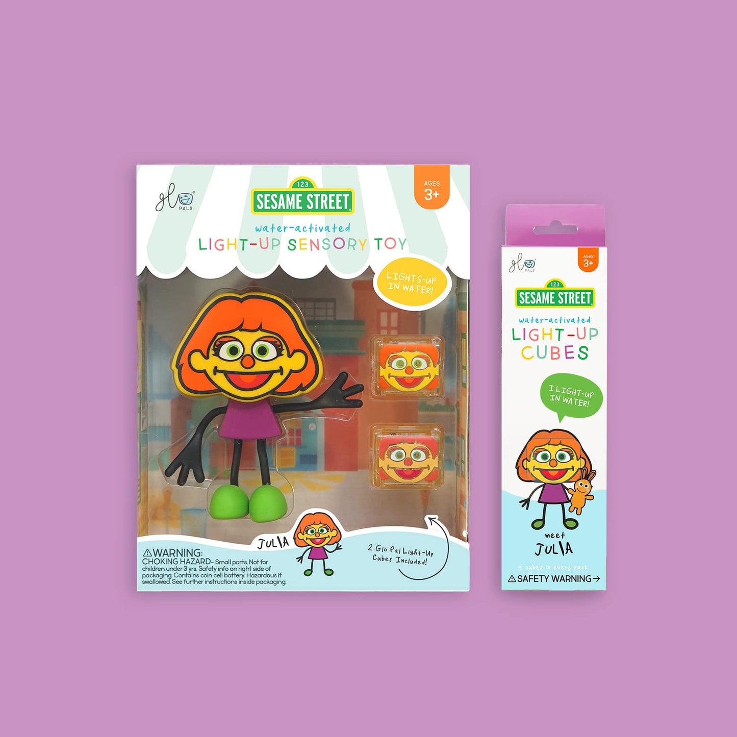 Glo Pals X Sesame Street Water-Activated Bath Toy With 6 Reusable Light-Up Cubes For Sensory Play (Julia, Cubes With Character)