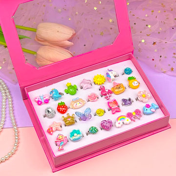 ELEMIRSA 28pcs Little Girl Rings, Princess Game Pretend Play & Dress Up Jewel Rings Set, Multicolored, Adjustable, Female, 4-12