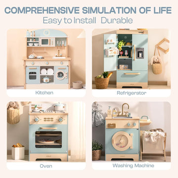 ROBOTIME Wooden Toddler & Kids Kitchen Playset, Wooden Kitchen Toy Playset with Oven, Fridge and Washing Machine, Wooden Kitchen