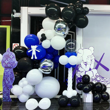 Blue Black And White Balloon Arch Kit, Navy Dark Royal Blue White Black Balloon Garland Kit With Metallic Silver Latex Balloons