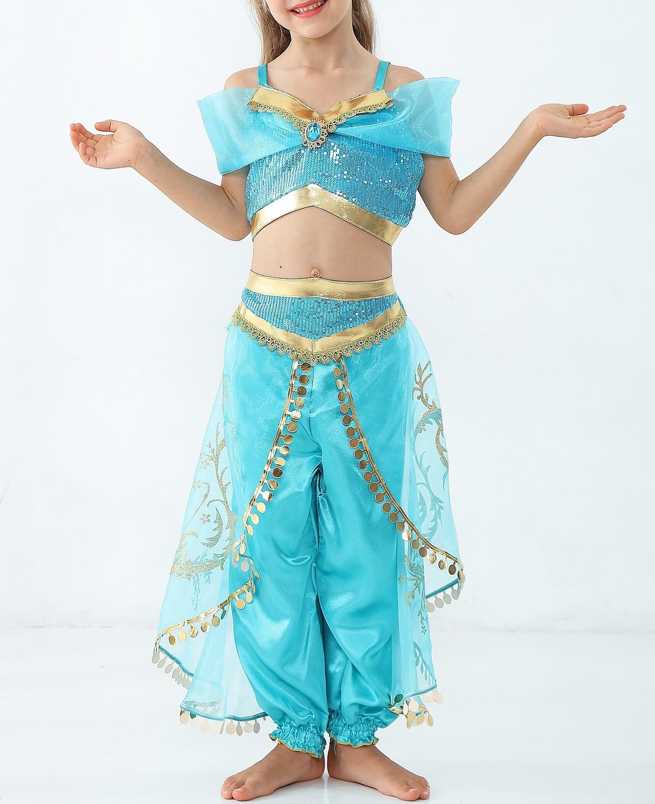 Aovclkid Little Girls Jasmine Princess Costume Girls Movie Role Play Halloween Party Outfits(5T,Blue)