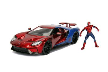 Jada Toys 1:24 Scale 2017 Ford GT Die-cast Car with Spider-Man Figure, Red/Blue, Model 99725