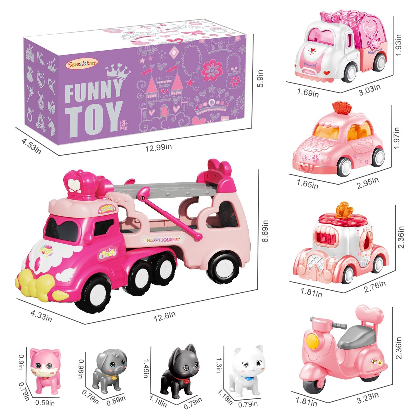 seveclotree 9 in 1 Carrier Truck Cars Toys for Girls Toddlers,Pink Princess Girl Car with Light and Sound,Toddler Girl Toys Age