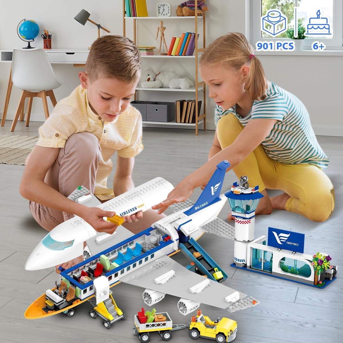 Cubimana Large City Passenger Airplane Building Toys With Led Light, 21 Inches Plane Building Sets With 2Pcs Luggage Trucks, Ter