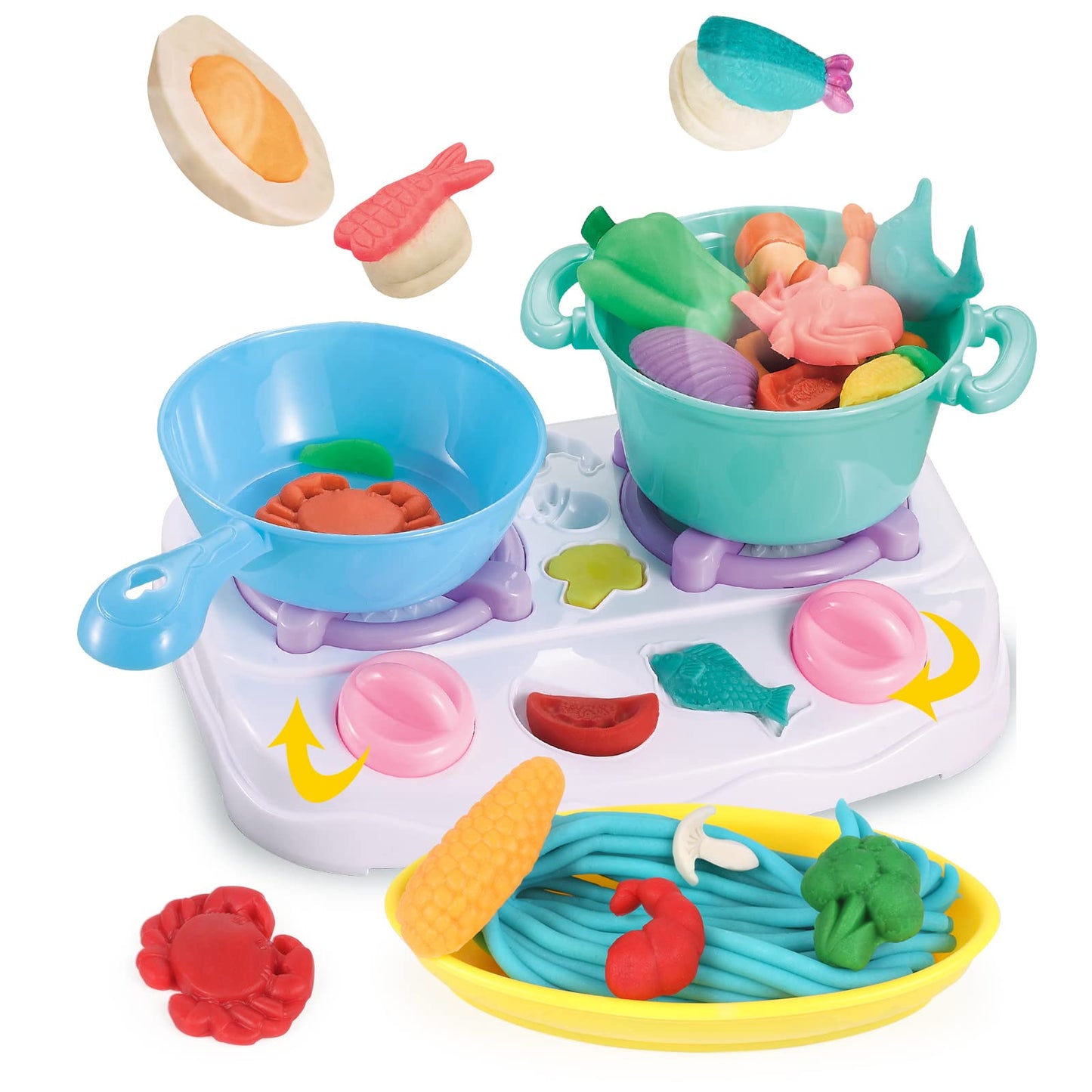 YiQis Kids Play Food Kitchen Set, 40 Pieces Cooking Utensils, Molds and Accessories, 5 Cans Color Dough,Ages 3+, Multicolor