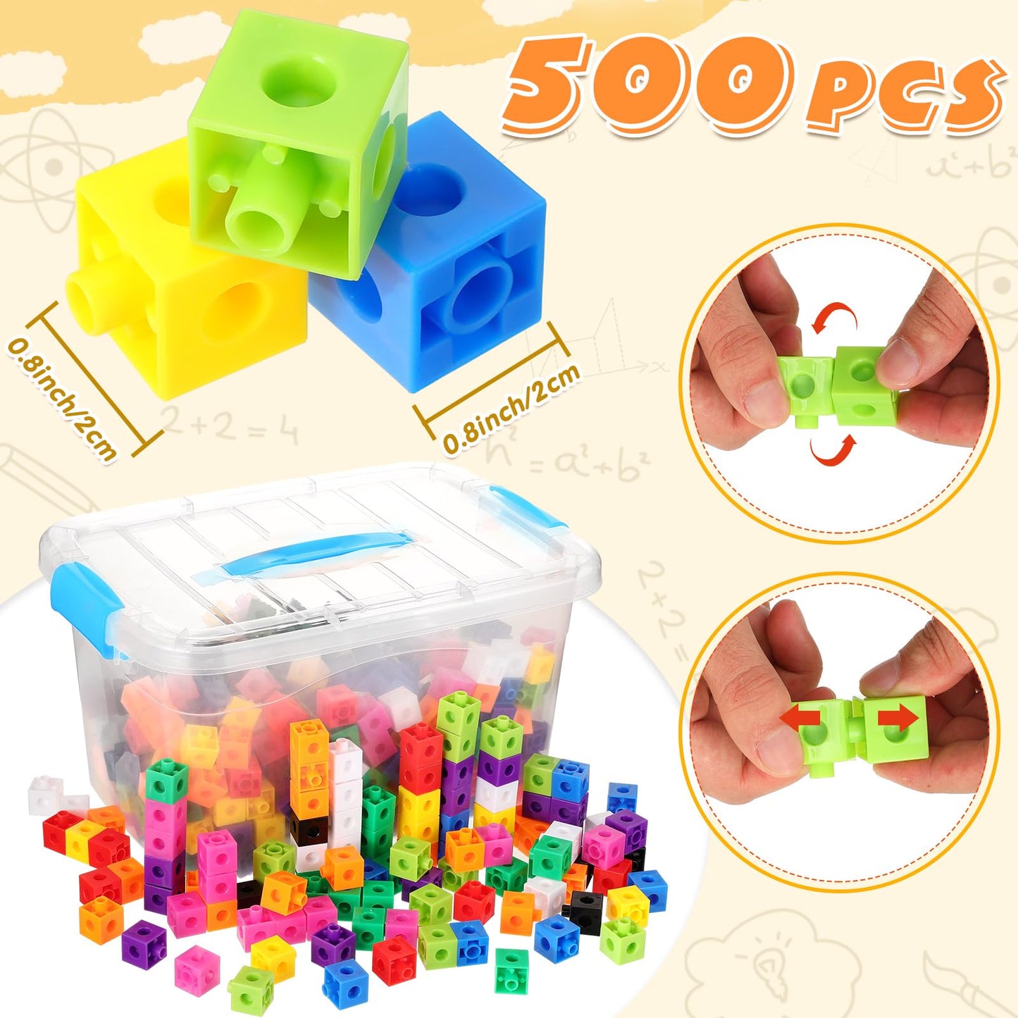 Jenaai 500 Pcs Math Learning Linking Cube With Storage Container Counting Cubes, Plastic Counting Blocks, Colorful Math Cubes, M