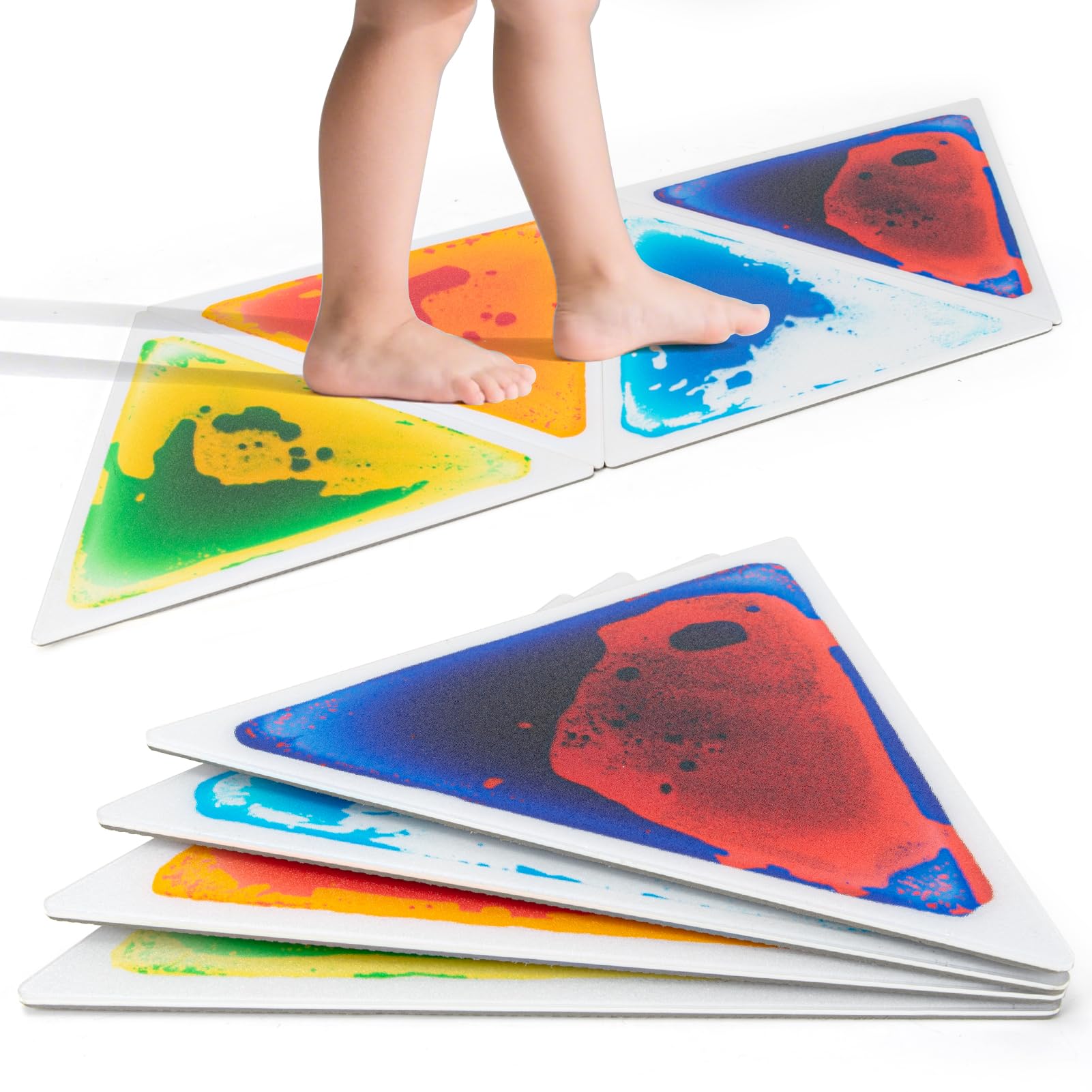 LONGKING 4-Sheet Liquid Triangle Sensory Tiles, Colorful Floor Tile for Play Centers, Playroom, Lava Tiles, 12.7 x 14.7