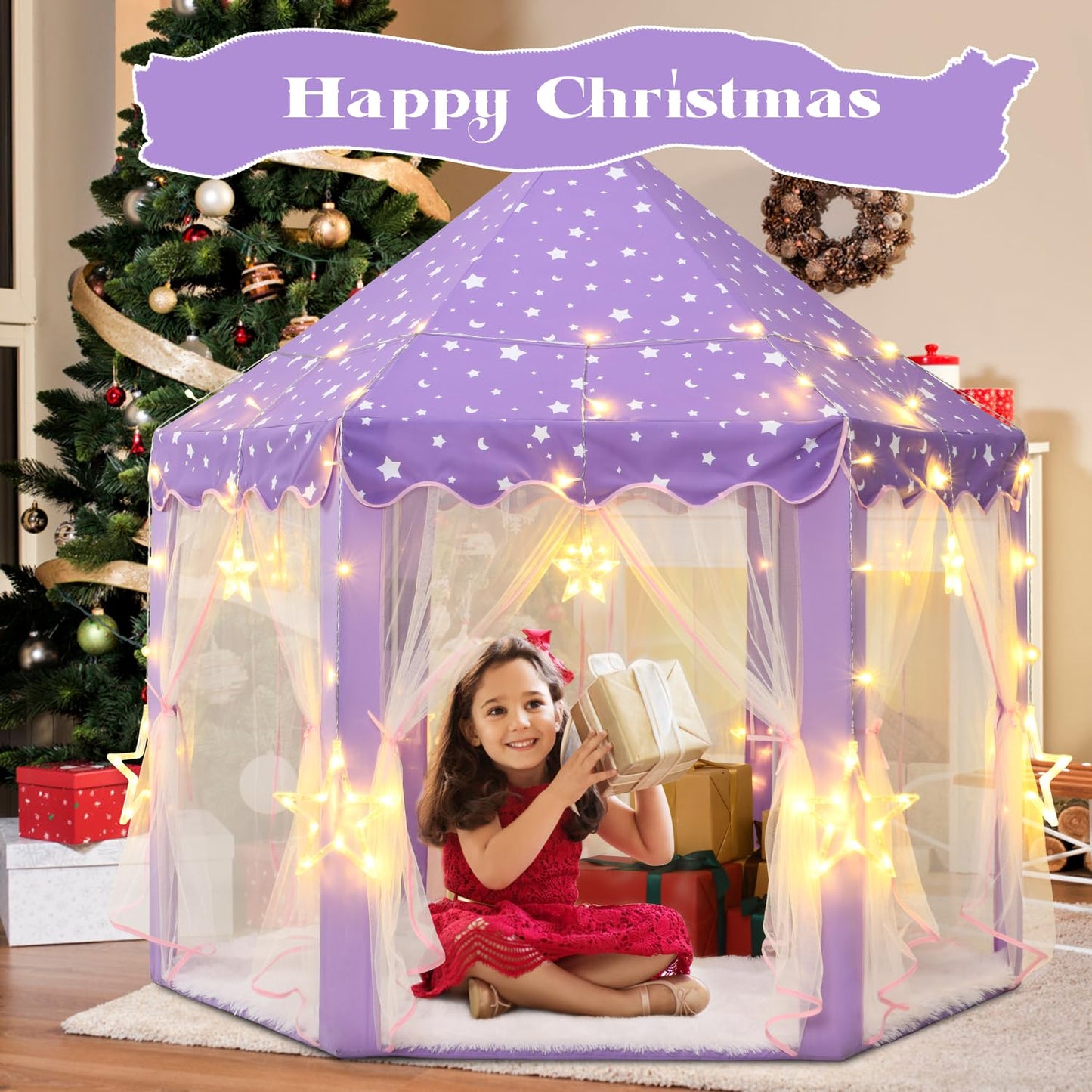 Kixinwa Purple Princess Tent For Girls, Kids Play Tent With Led Large Star Lights, Castle Playhouse Tent For Children Toddlers I