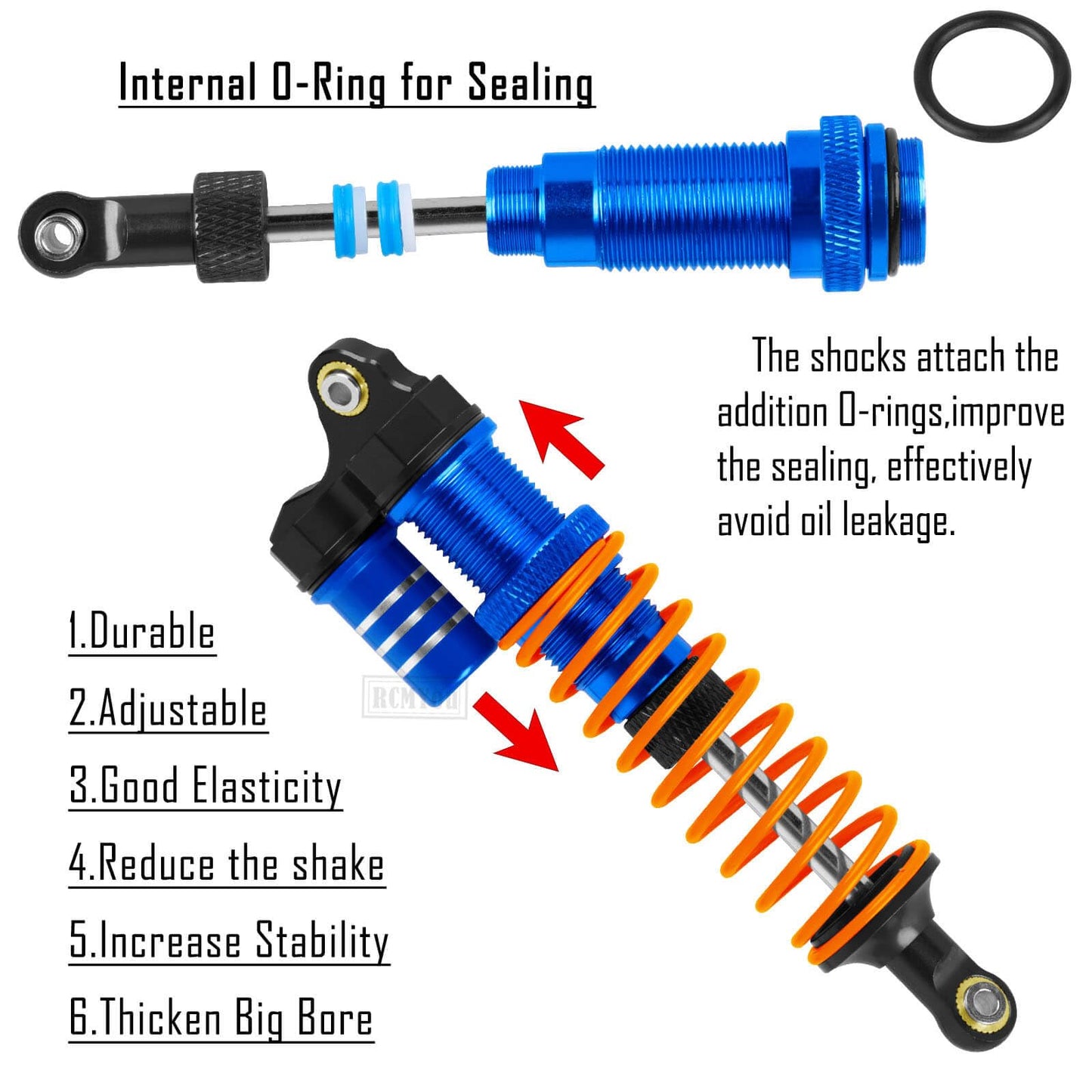 RCMYou RC Aluminum Front Rear Big Bore RC Shock Absorber Upgrades Part for 1/10 Slash,Stampede,Rustler,Hoss 2WD 4X4 VXL,Alloy 4P