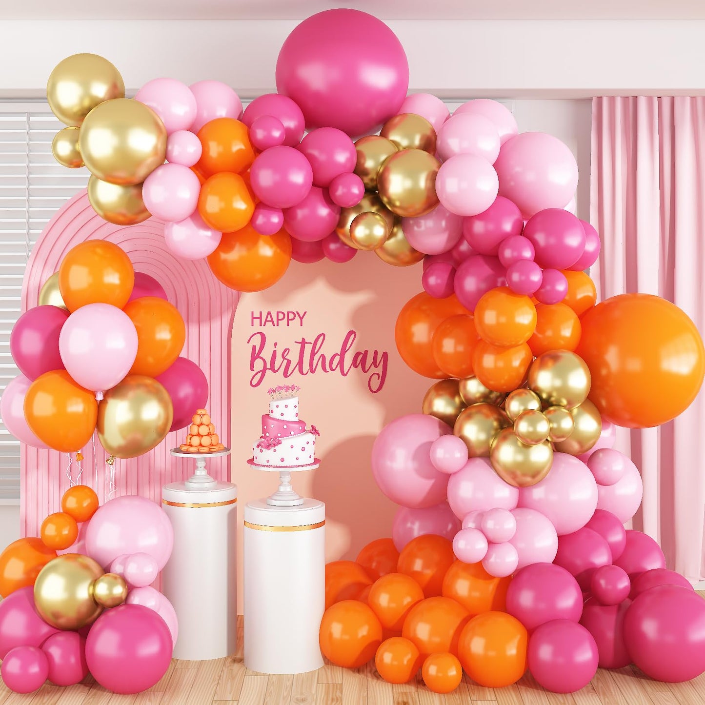Pink And Orange Balloons Arch Kit, 122 Pcs Hot Pink Orange With Metallic Gold Latex Balloon Garland, Pastel Pink Orange Gold Bal
