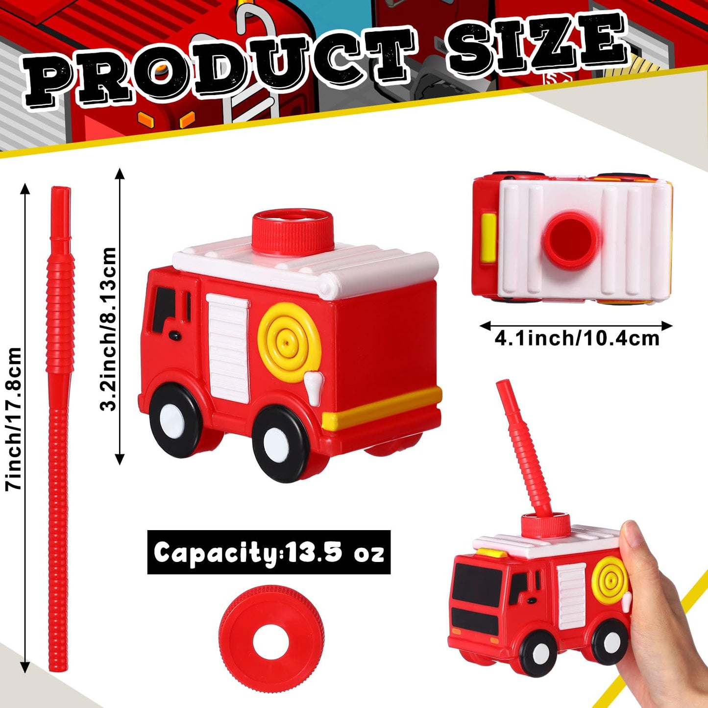 12 Sets Firefighter Party Favor Gift Supplies Fire Truck Cups with Straws, Plastic Fire Truck Shape Cup Reusable Firefighter Par