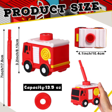 12 Sets Firefighter Party Favor Gift Supplies Fire Truck Cups with Straws, Plastic Fire Truck Shape Cup Reusable Firefighter Par
