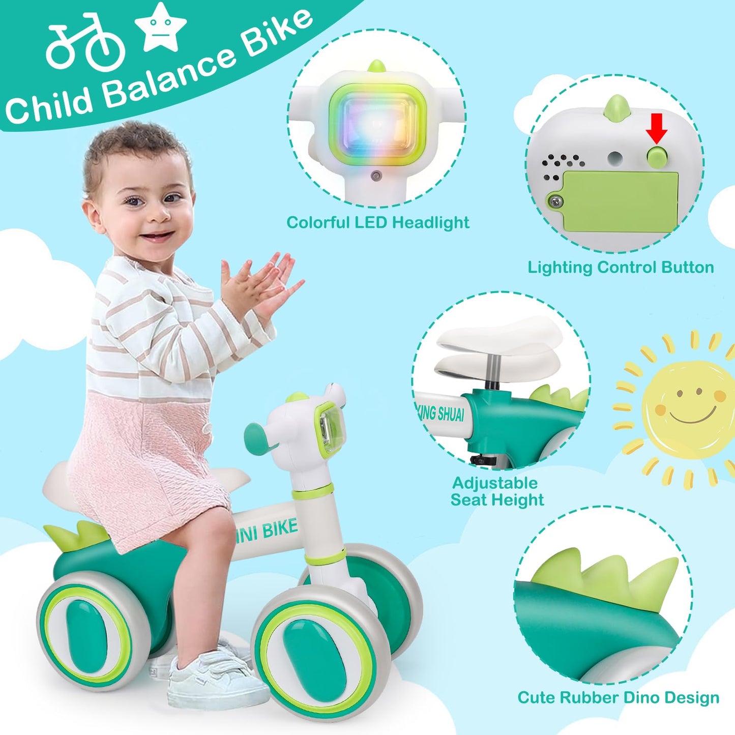 Baby Balance Bike for 1 Year Old Boys Girls Toddler Balance Bike 12-18-36 Months 4 Wheels Mini Walking Ride on Toys with Colorfu
