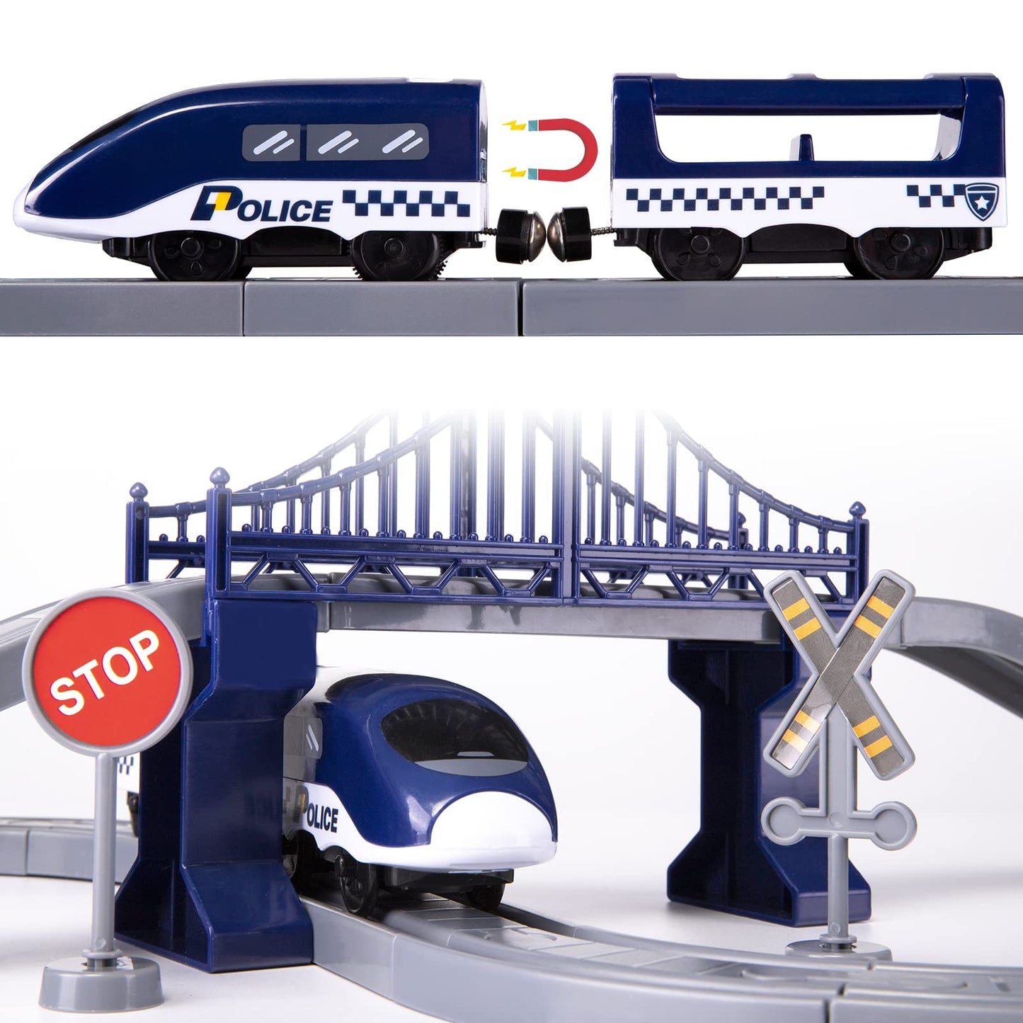 Train Sets For Toddlers, 66 Pcs Trains Toy With Battery Operated & Tracks (Magnetic Connection), Compatible With Thomas, Brio, Christmas Toy Gifts For 3 4 5 6 7 8 Years Old (Police)