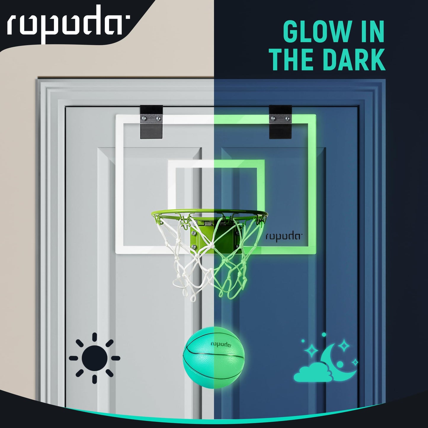 Ropoda Mini Basketball Hoop - Glow In The Dark, Over The Door Basketball Hoop Indoor, Indoor Basketball Hoop Backboards For Teens And Adults, Mini-Basketball Hoop For Kids With 4 Balls And Pump