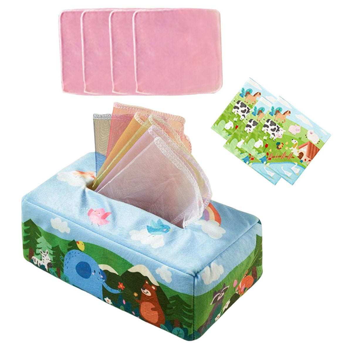 Ilsmysutra Baby Tissue Box Colorful Soft Scarf Box For Developmental Learning Toy With 3 Towels Animal