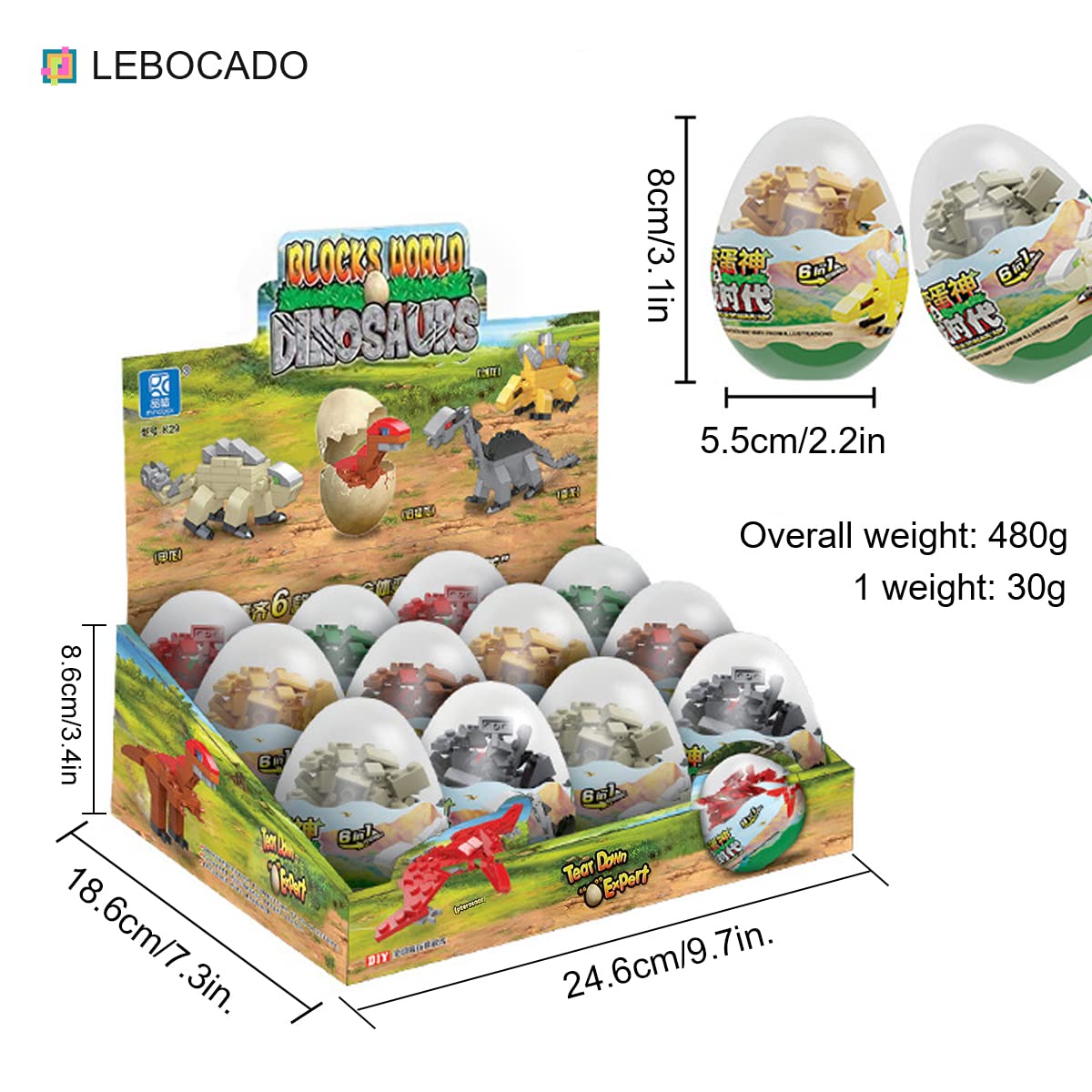 Lebocado Mini Building Block Sets, 12Pcs Dinosaur Toys Building Blocks, 6 In 1 Stem Toys Eggs Building Sets, Party Favors For Ki