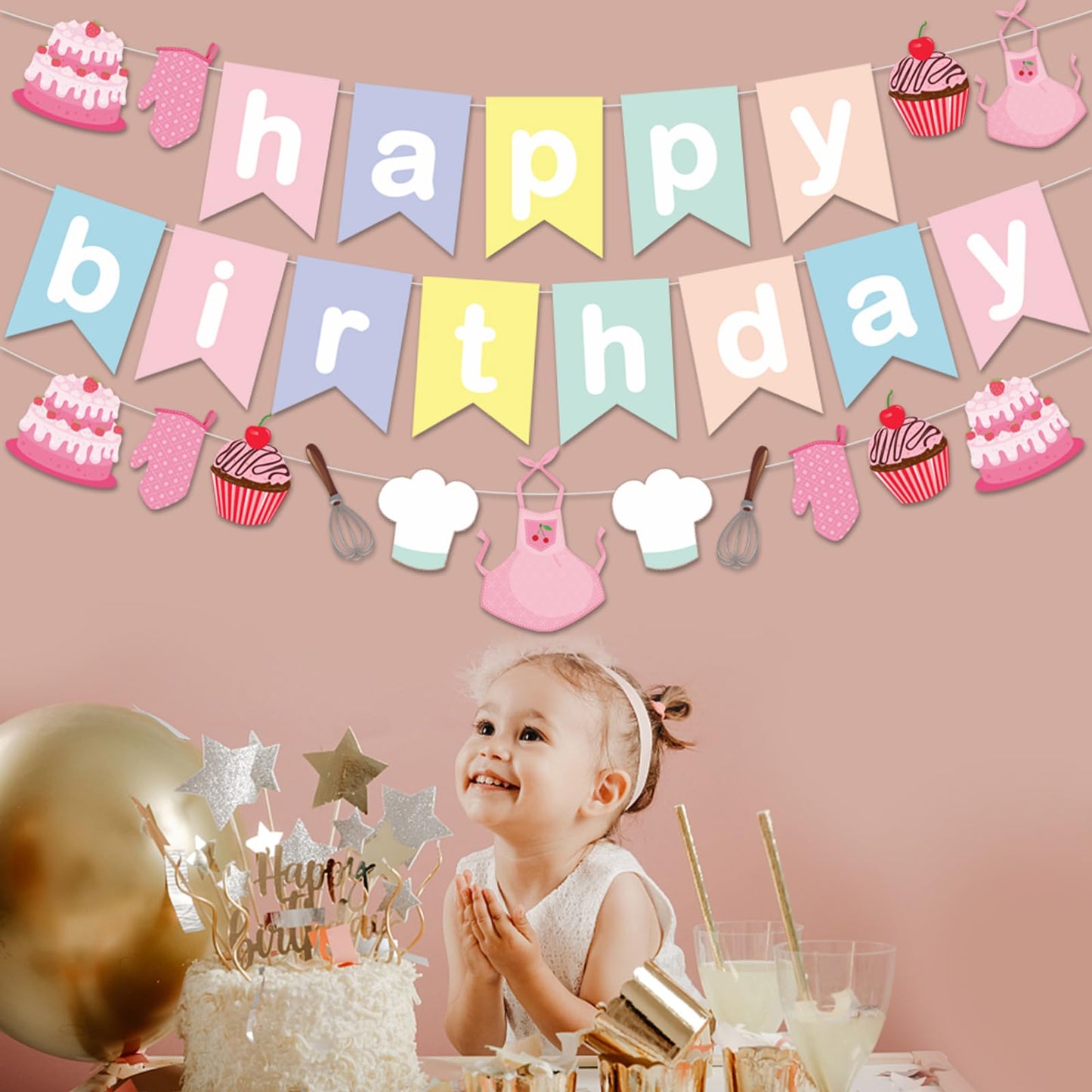 Zwiebeco Birthday Party Decoration Supplies Colorful Pink Happy Birthday Sign Banner Hanging Paper Bake Garland Bunting Banner F