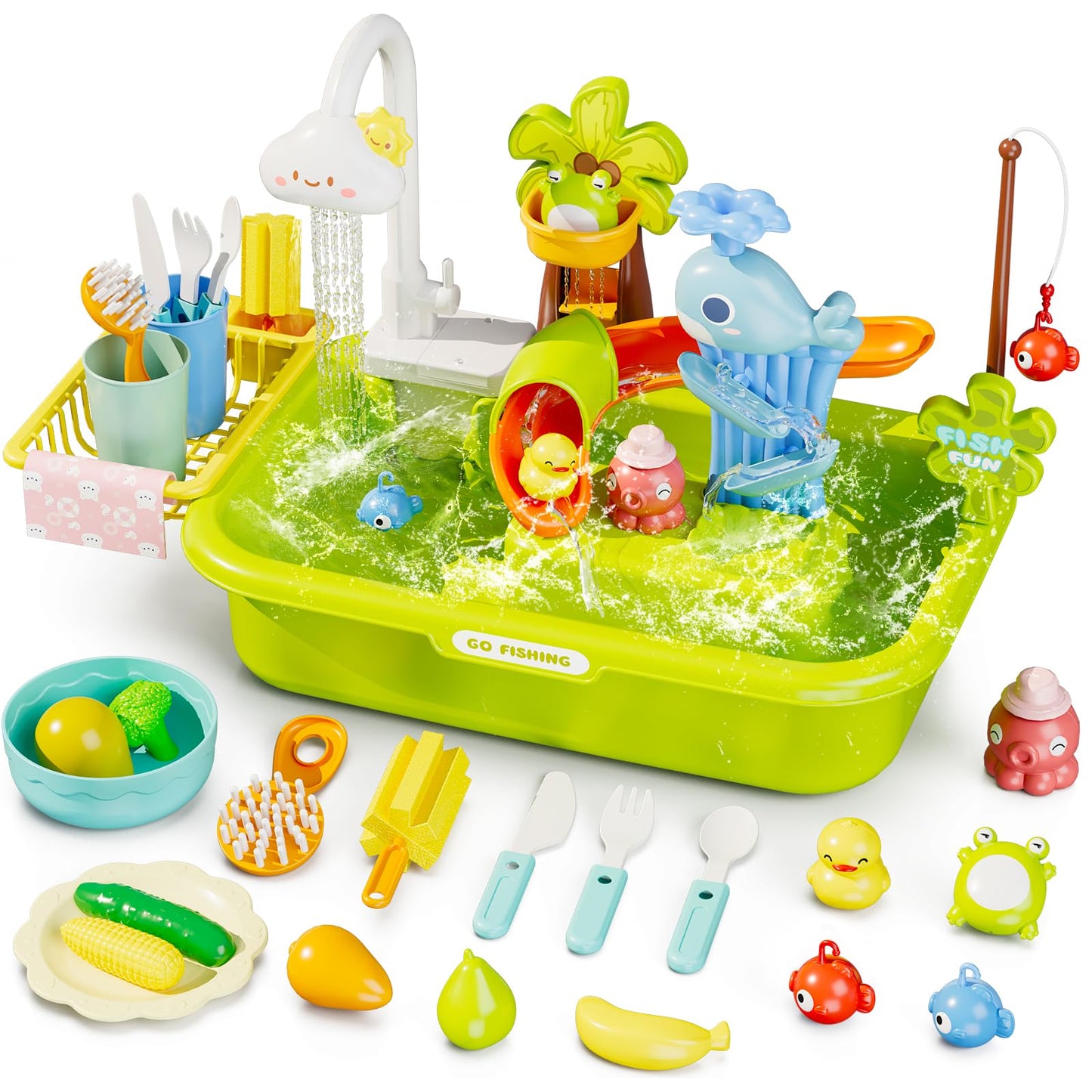 Wee Wonders 3 In 1 Play Sink With Running Water, Play Kitchen Sink Toy With Electric Faucet/Play Food/Pool Toys/Fishing Game, Pr