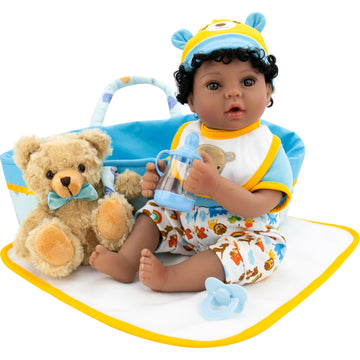 Aori Reborn Baby Dolls Black Blue Bassinet 18 Inch Lifelke Baby Boy Doll Biracial Newborn Baby In Carrier Bed With 7-Piece Gift Set
