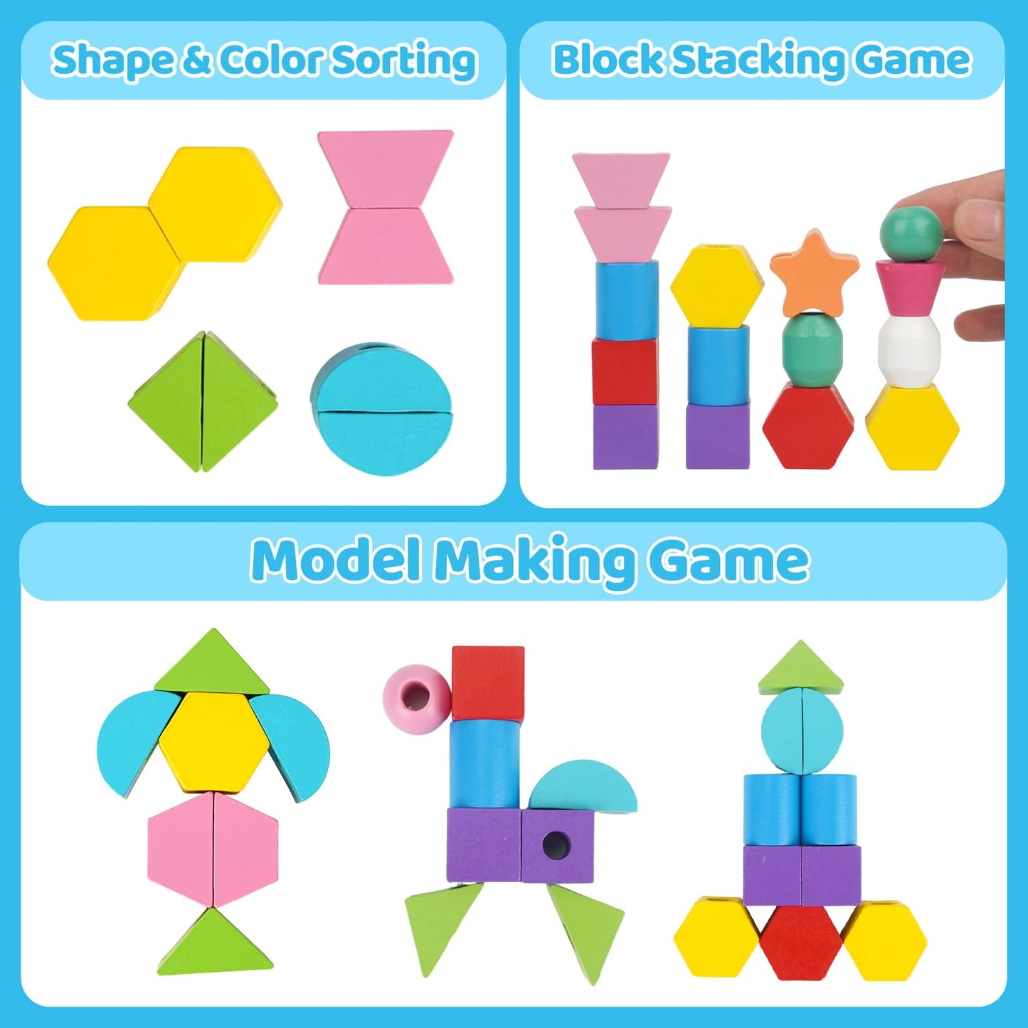 Montessori Toys For 2 3 4 Year Old Kid Boy Girl Toddler, Montessori Wooden Beads Sequencing Toy Set, Lacing Beads & Stacking Blo