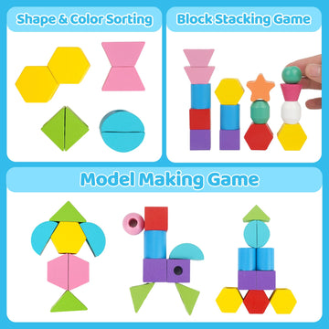 Montessori Toys For 2 3 4 Year Old Kid Boy Girl Toddler, Montessori Wooden Beads Sequencing Toy Set, Lacing Beads & Stacking Blo