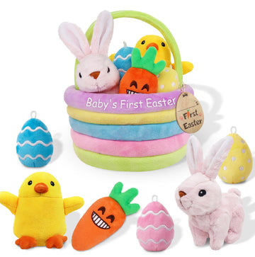 Ivenf Baby'S First Easter Basket Playset, 7Ct Stuffed Plush Bunny Chick Carrot Egg For Girls Boys, Easter Theme Party Favors Stu
