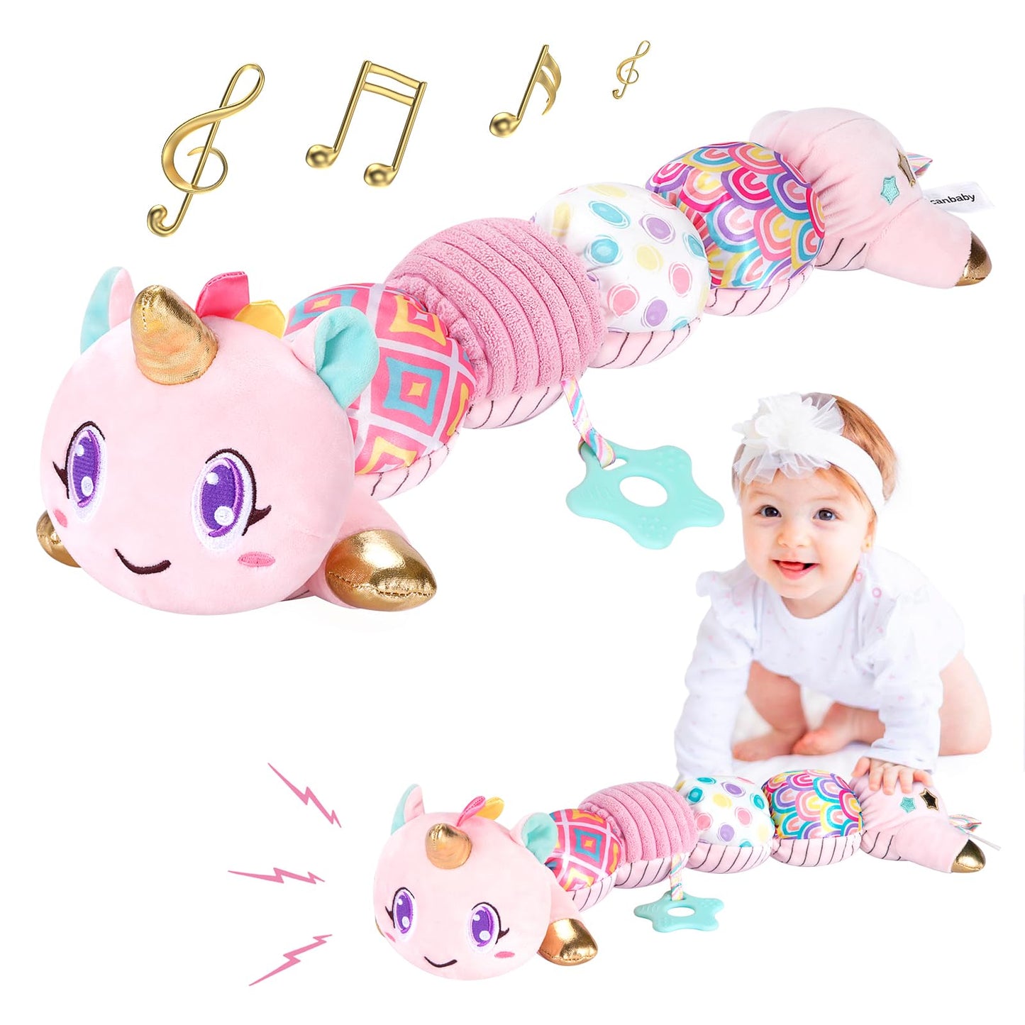 Unicorn Baby Toys 6-12 Months, Musical Infant Toys With Sensory Crinkle And Rattle For Tummy Time Newborn, Baby Girl Toys For 0-