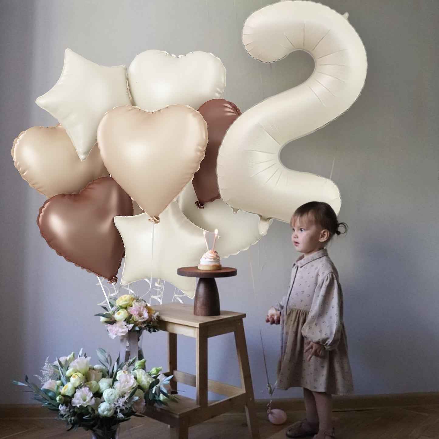 Cream 4 Balloons Decor, Beige Nude Apricot Brown Tan Foil Star Heart Balloons, 40'' White Sand Helium Neutral Number 4 Balloon S