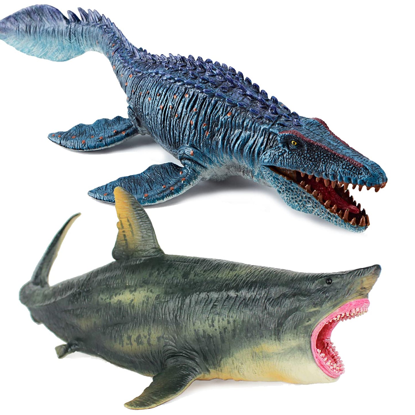 Gemini&Genius Mosasaurus And Megalodon Figurine Toy Set, Dinosaurs Toys With Movable Jaw- 13 Inches Length, Gifts For Kids Or Dino Lovers