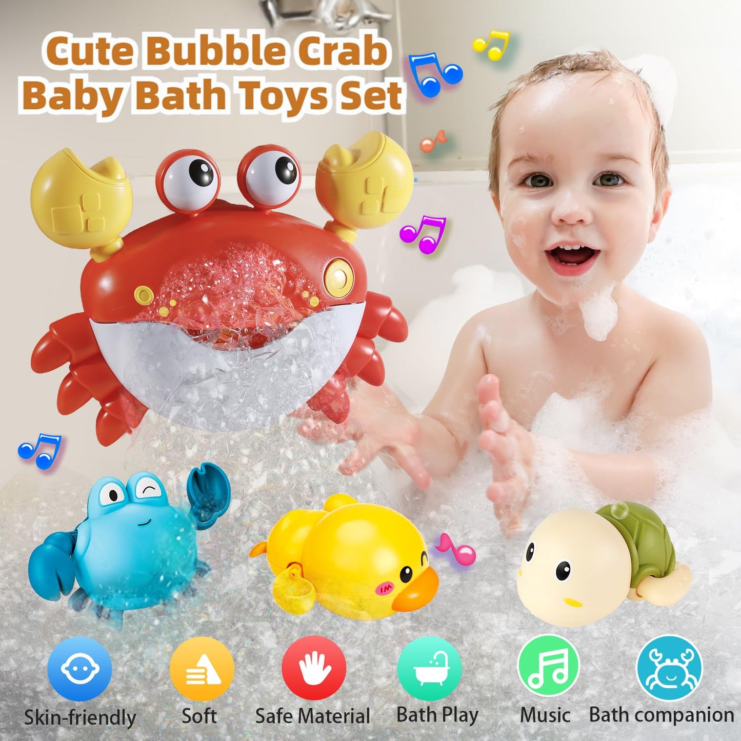 Baby Bath Toys For Toddlers, Crab Bath Bubble Maker With 12 Songs, 3 Pack Wind-Up Pool Toys For Kid, Bathtub Toys As Birthday Gi