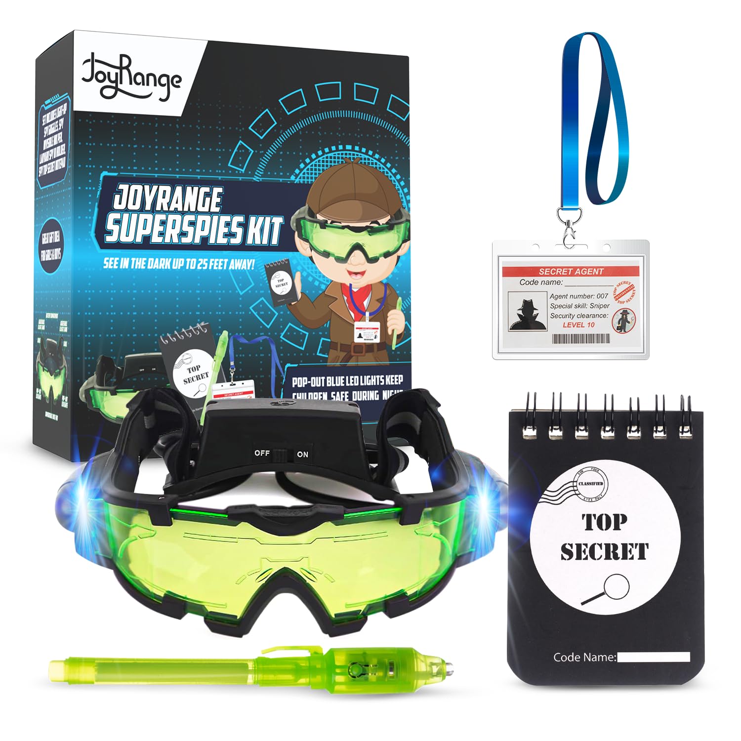 Joyrange Kids Night Vision Goggles - Night Mission Goggles With 2 Flip-Out Lights + Invisible Ink Pen + Top Secret Notepads + Id Card Holder -