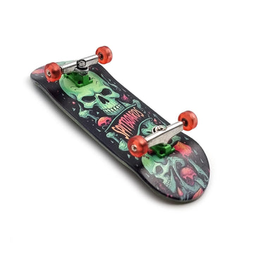 Spitboards® 32 X 96 Mm Fingerboard Complete Wood Set-Up Assembled, 5-Layers, Silver Trucks With Bushings And Nuts, Transparent Cnc Bearing Wheels, Lasered Foam Grip Tape Orange Green Skull