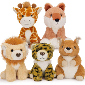 Muiteiur 5 Piece Forest Stuffed Animals,7.1 Inch Cute Jungle Plush Toys, Stuffed Animal Bulk (Tiger,Lion,Fox,Giraffe, Squirrel),