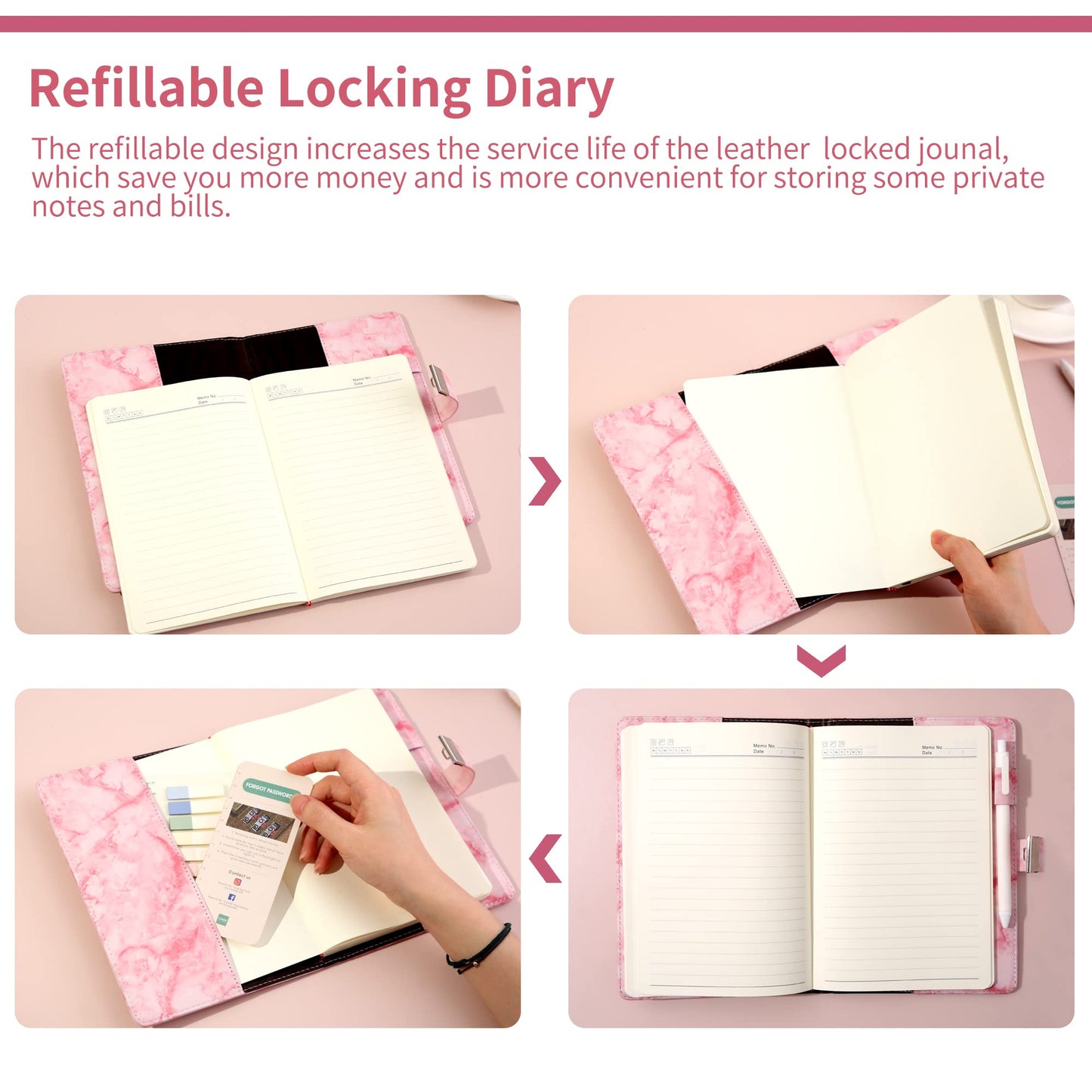 Cagie Marble Diary With Lock For Girls And Women, Waterproof Journal With Lock 192 Pages Secret Girls Locked Diary With Pen, Password Locked Journals For Teen Girls, A5 Pink