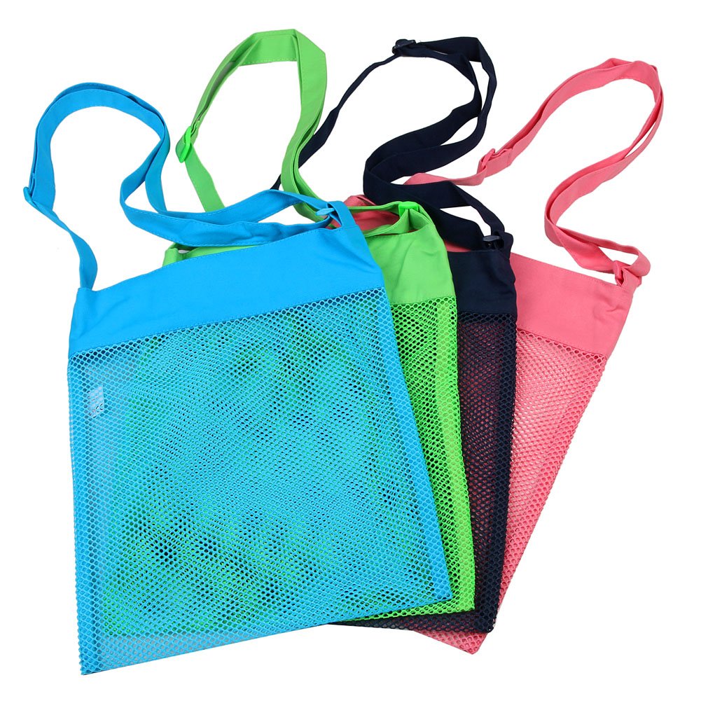 Colorful Mesh Beach Bags 11.4 x 13.7inch Breathable Sea Shell Bags with Adjustable Carrying Straps (4 PC Set) [Blue, Pink, Green