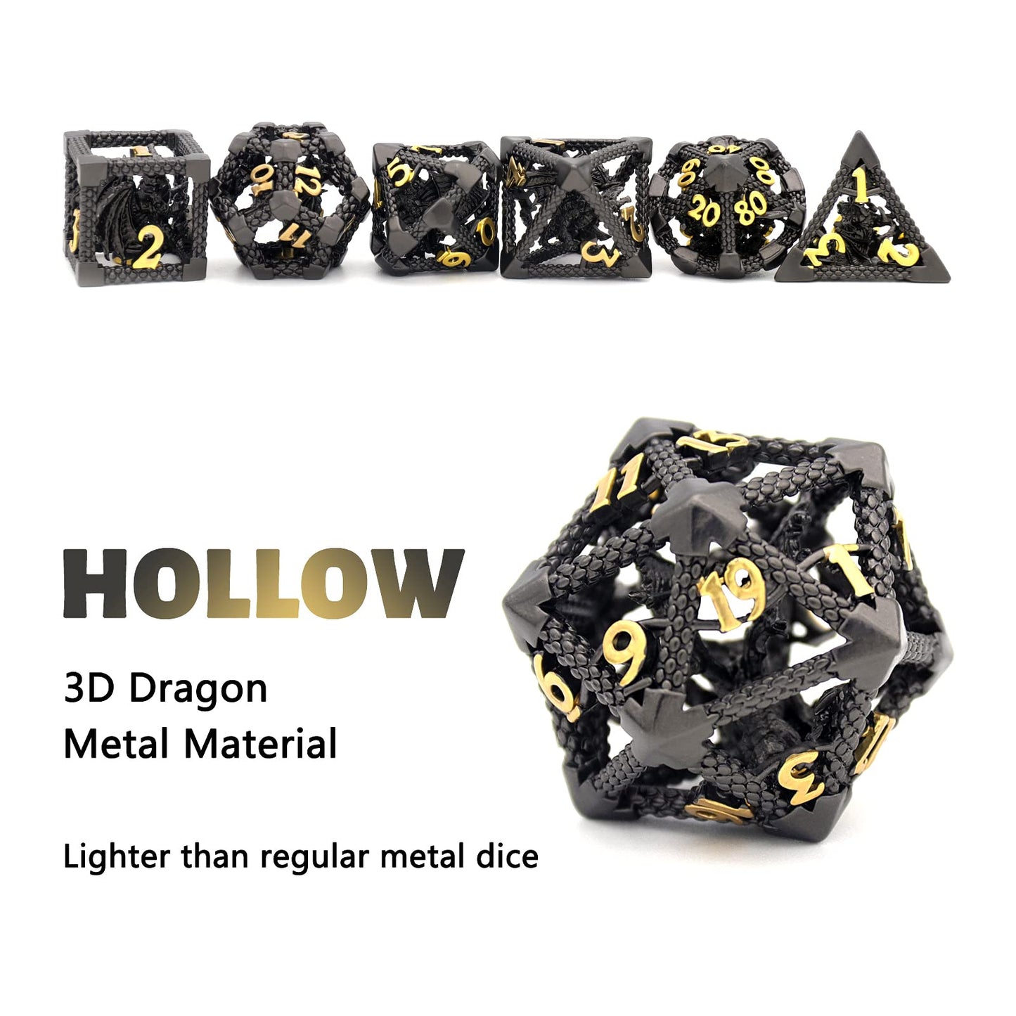 D&D Dice, Hnccesg Metal Dice Set Polyhedral Hollow Role Playing D And D Starter Dice For Rpg Mtg Table Board Games (3D Black)
