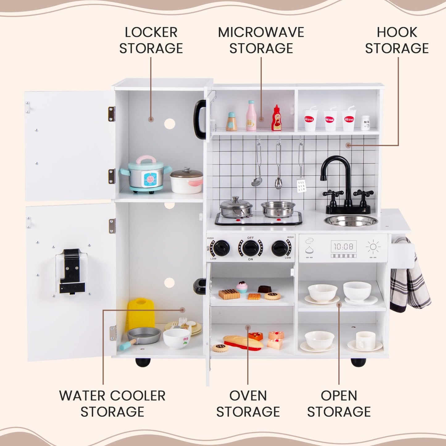 INFANS Play Kitchen for Kids, Wooden Kids Play Kitchen Playset with Realistic Light & Sounds, Pots Pan Microwave Sink, Children