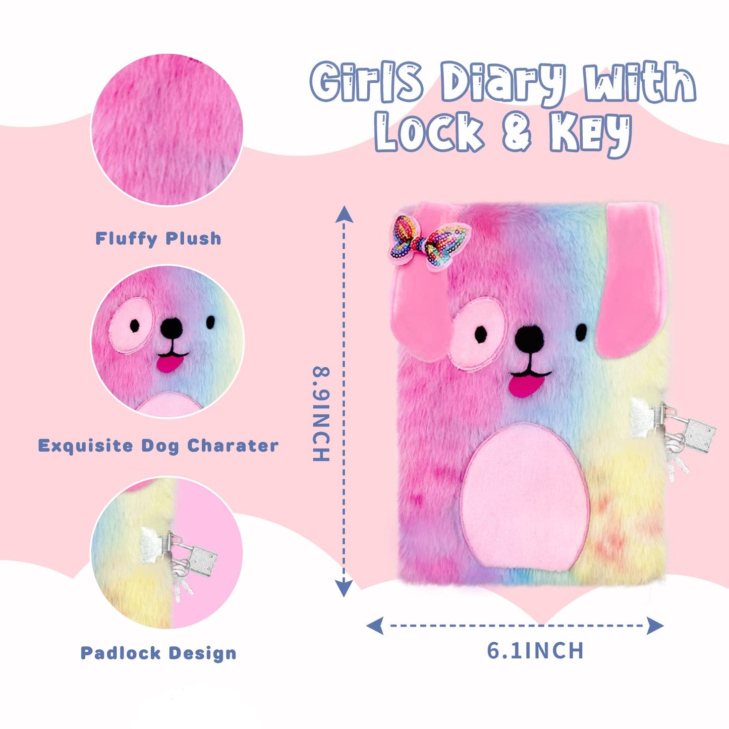 Homicozy Dog Diary For Girls With Lock And Keys,Tie-Dye Fuzzy Journal For Kids With 160 Lined Pages,Fluffy Secret Notebooks For Writing And Drawing,Birthday Gifts For Girls Ages 6 And Up,Puppy