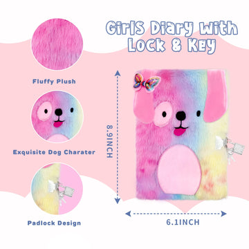 Homicozy Dog Diary For Girls With Lock And Keys,Tie-Dye Fuzzy Journal For Kids With 160 Lined Pages,Fluffy Secret Notebooks For Writing And Drawing,Birthday Gifts For Girls Ages 6 And Up,Puppy