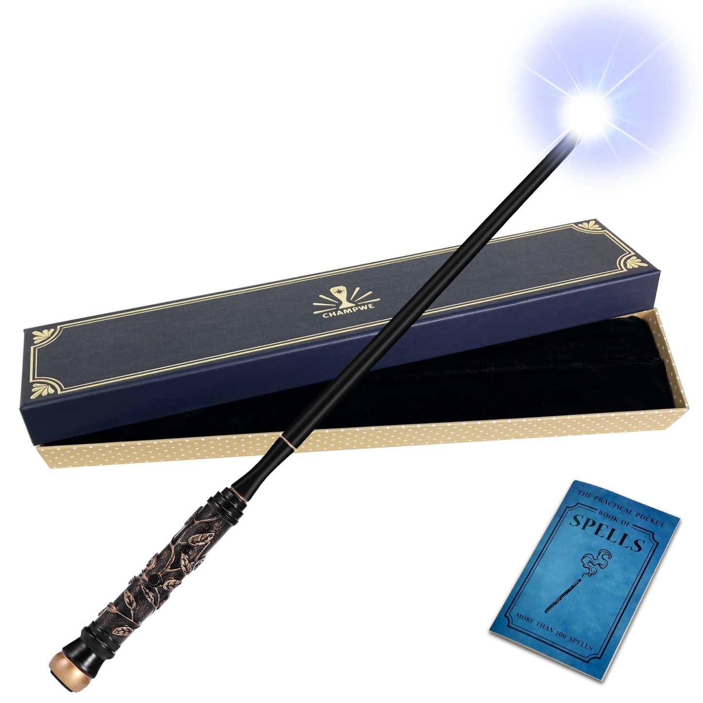 Champwe Light Up Magic Wizard Wand Rechargeable Illuminating Toy For Kids Witch Collection Cosplay Accessories With Spellbook And Gift Box (Foliage)