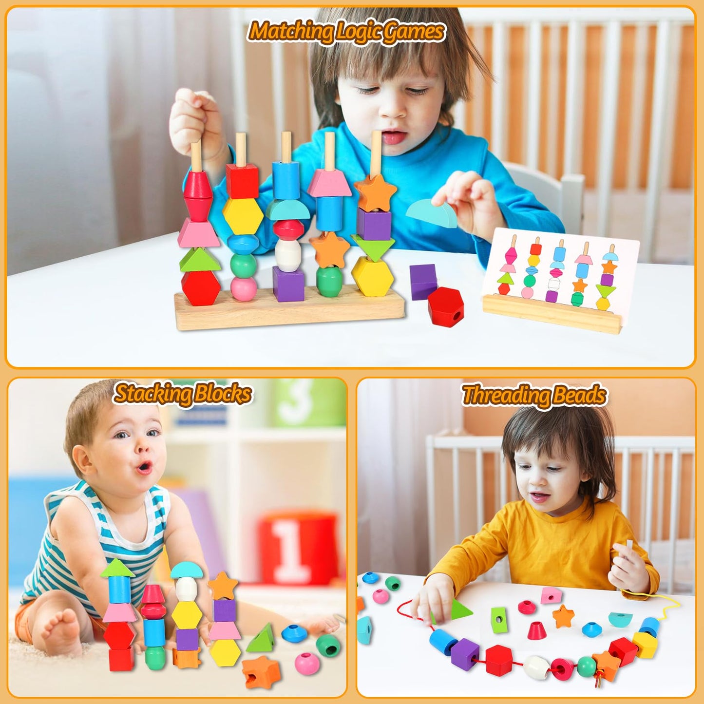Aoumi Montessori Toys For 2 3 4 Year Old Wooden Shape Matching Game & Lacing Beads Preschool Learning Activities Fine Motor Skills Toys Sorting Stacking Toddler Toys Age 2-4 Boys Girls