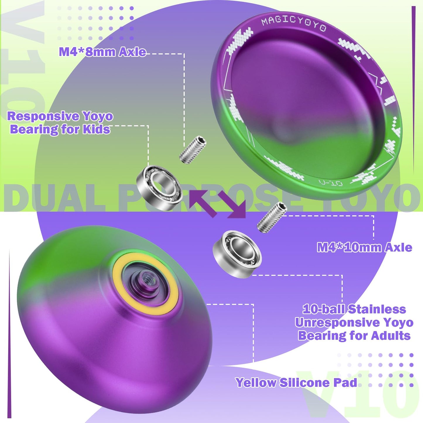 MAGICYOYO Pack of 2 Finger Spin Trick Yoyos  V10 Purple Green & K2 Black Responsive Yoyos for Kids Beginners  Unresponsive Yoyo Bearings Kit for mature-themed Professional +12 Strings  Yoyo Case Storage Bag