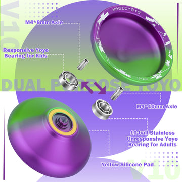 MAGICYOYO Pack of 2 Finger Spin Trick Yoyos  V10 Purple Green & K2 Black Responsive Yoyos for Kids Beginners  Unresponsive Yoyo Bearings Kit for mature-themed Professional +12 Strings  Yoyo Case Storage Bag
