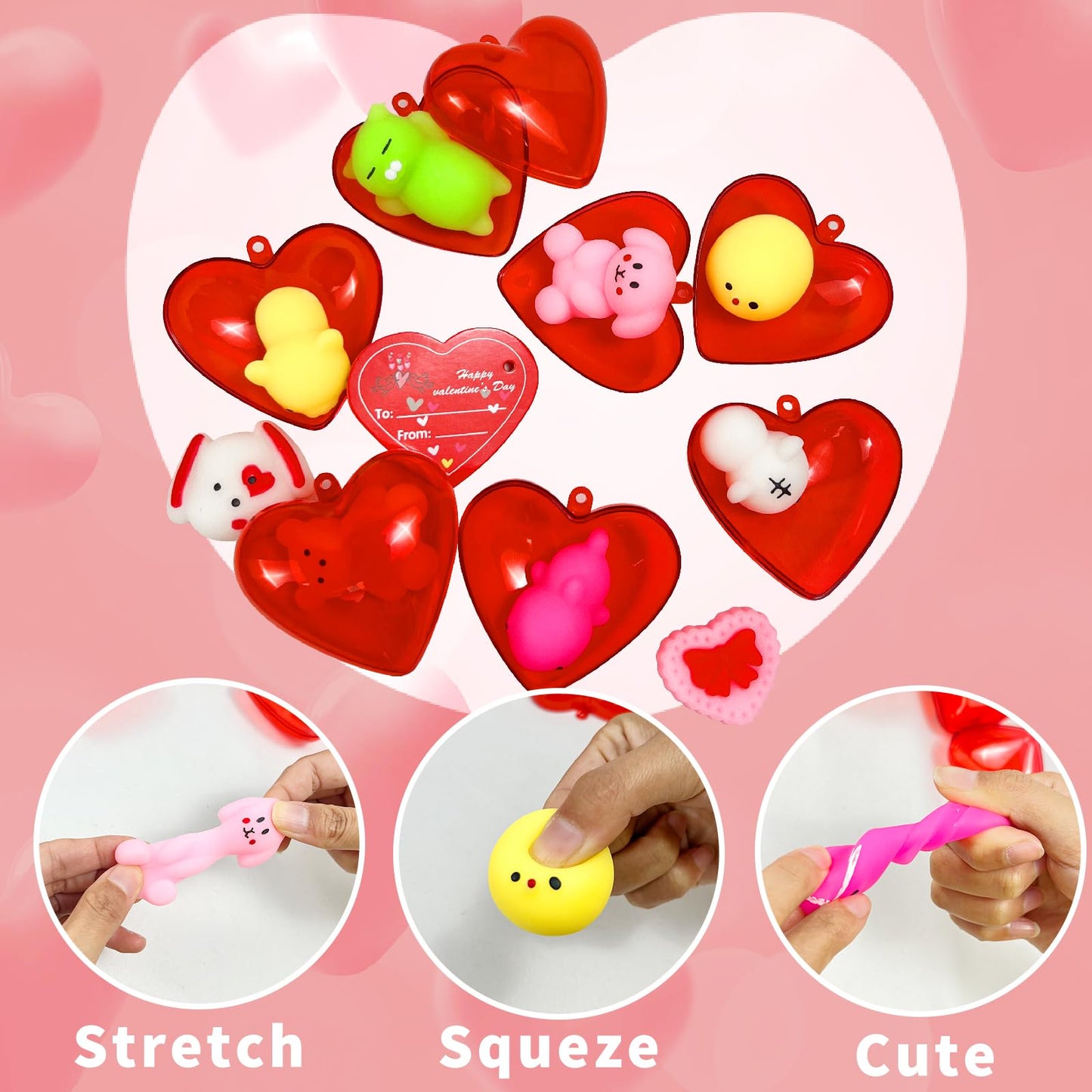 Domkier 28Pcs Valentines Mochi Squishies Toys Set, Squishies Toys Filled Hearts Boxes With Cards Valentines Stress Relief Toys F