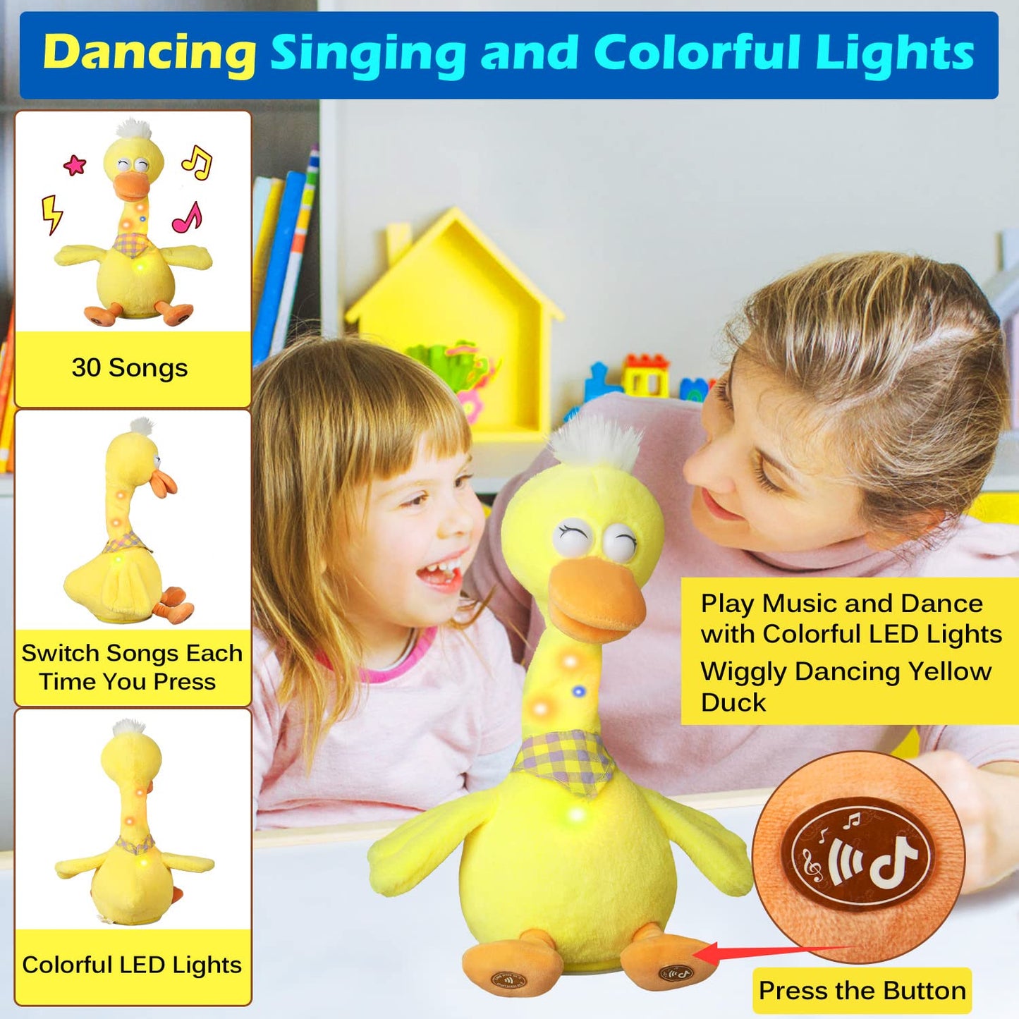 13' Talking Dancing Duck, Repeating What You Say Mimicking Recording Plush Baby Toy Musical English Song Singing Talking Glowing Animated Twisting Gift Of Lighting Up Toy For Boy Kid