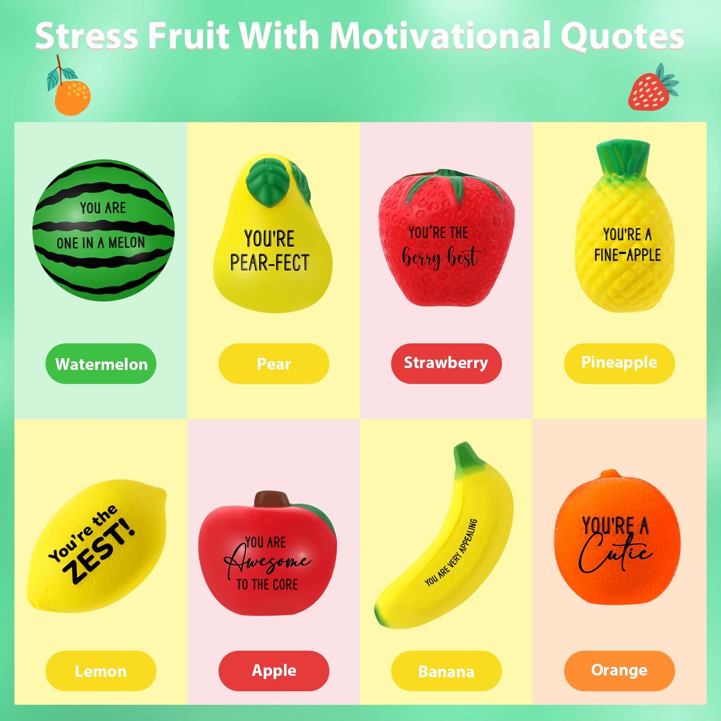 Outus 64 Pcs Fruit Stress Balls Bulk Inspirational Squeeze Balls Positive Fruit Gift Foodie Fidgets Watermelon Veggie Foam Toy F