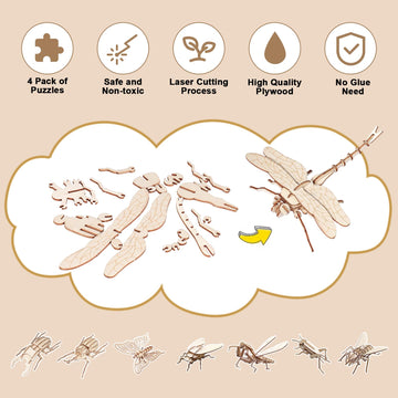 Elx Wooden 3D Puzzles For Kids 6+, 8 Piece Set Insect Animal Wooden Models, Wood Building Kits Diy Wooden Crafts Stem Toys Peres