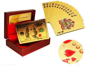 Yuiviot Mahogany Wooden Gift Box Case Holder And Luxury 24K Gold Plated Waterproof Playing Cards Poker,1 Deck For Poker Magic Tr